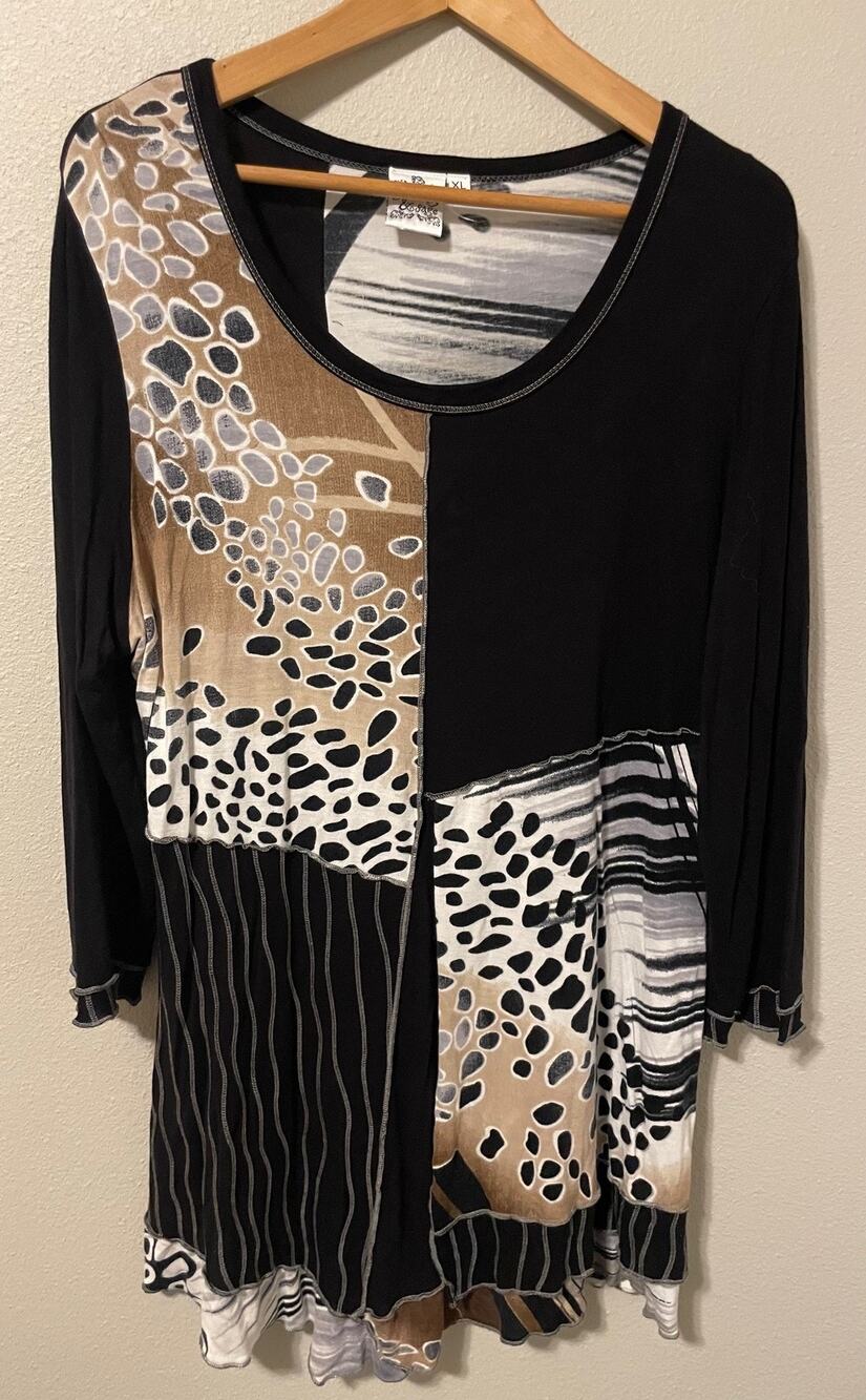 Parsley & Sage Top Womens XL Black Tan Geometric Tunic 3/4 Sleeve Casual Artsy